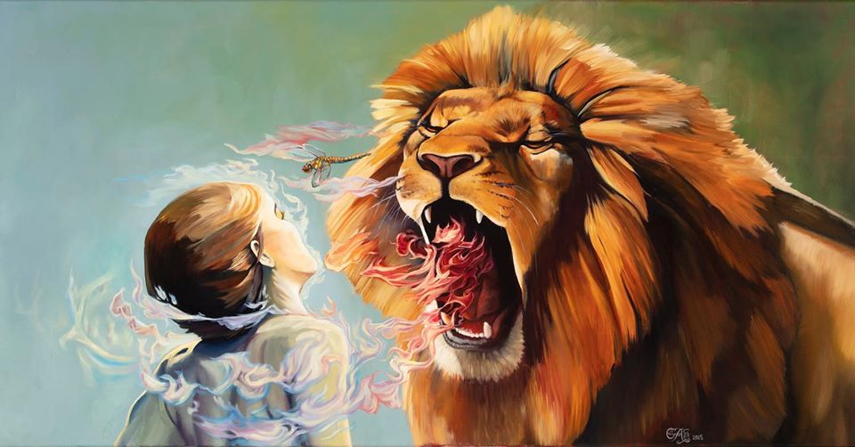 Prophetic Commissioning in a Prophetic Community: a painting of a lion roaring over a woman, with colorful bands surrounding her